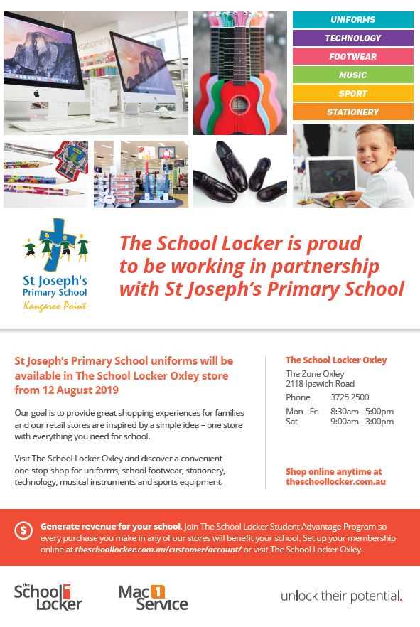 School Locker partnership information poster outlining uniforms technology footwear music sport and stationery availability for St Joseph’s Primary School families through The School Locker Oxley and online store