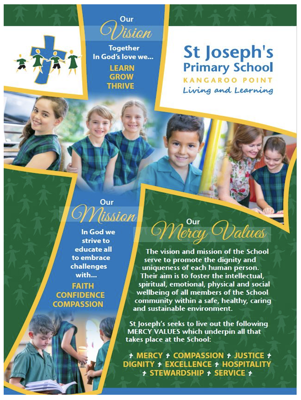 Vision mission and mercy values display outlining St Joseph’s Primary School Kangaroo Point commitment to learning growing and thriving in God’s love through faith confidence compassion and mercy values